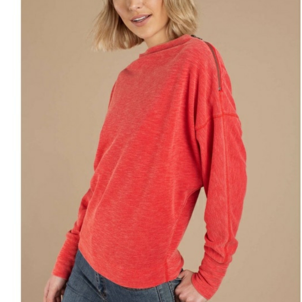 FREE PEOPLE Red Zipper Shoulder Pullover Sweater